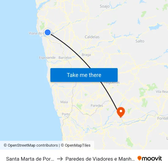 Santa Marta de Portuzelo to Paredes de Viadores e Manhuncelos map