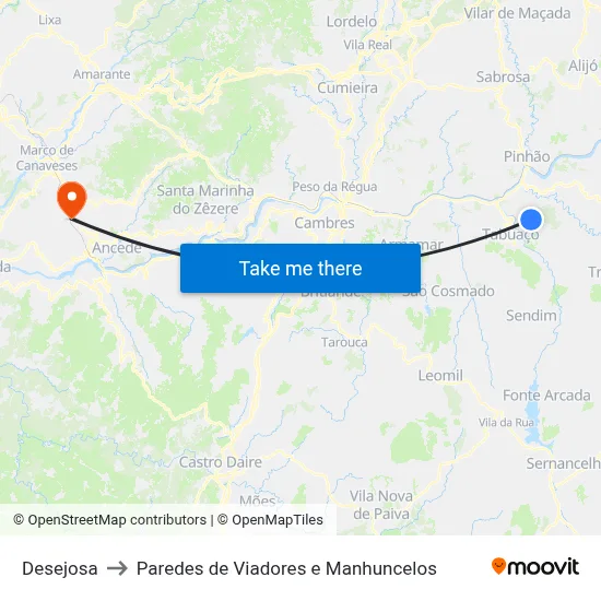 Desejosa to Paredes de Viadores e Manhuncelos map