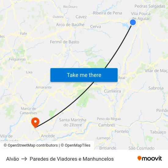 Alvão to Paredes de Viadores e Manhuncelos map