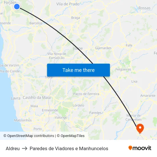 Aldreu to Paredes de Viadores e Manhuncelos map