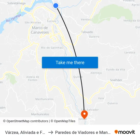 Várzea, Aliviada e Folhada to Paredes de Viadores e Manhuncelos map