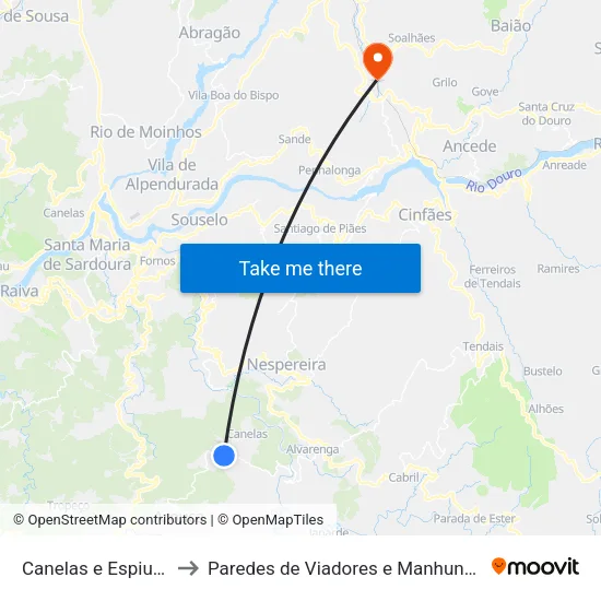 Canelas e Espiunca to Paredes de Viadores e Manhuncelos map