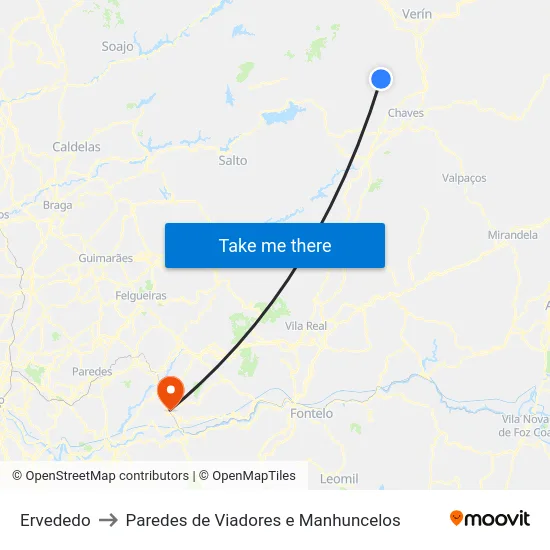 Ervededo to Paredes de Viadores e Manhuncelos map
