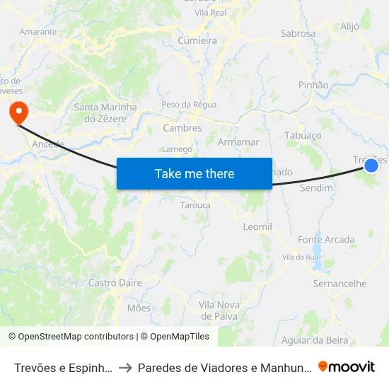 Trevões e Espinhosa to Paredes de Viadores e Manhuncelos map