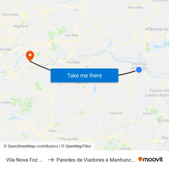Vila Nova Foz Côa to Paredes de Viadores e Manhuncelos map