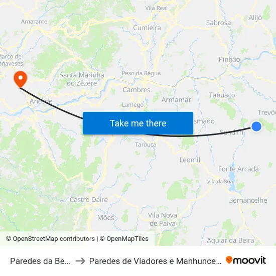 Paredes da Beira to Paredes de Viadores e Manhuncelos map