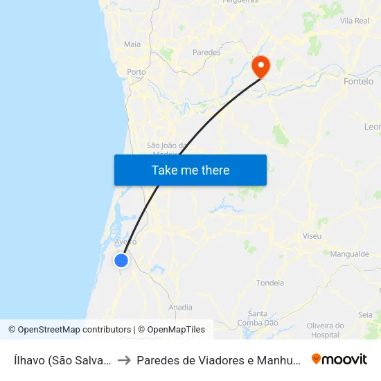 Ílhavo (São Salvador) to Paredes de Viadores e Manhuncelos map