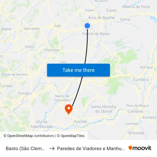 Basto (São Clemente) to Paredes de Viadores e Manhuncelos map