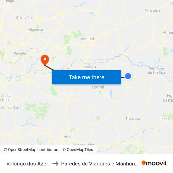 Valongo dos Azeites to Paredes de Viadores e Manhuncelos map