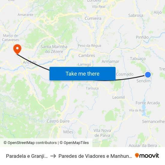 Paradela e Granjinha to Paredes de Viadores e Manhuncelos map
