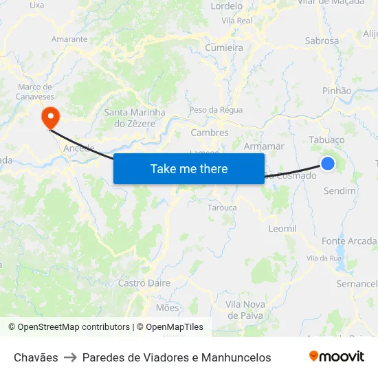 Chavães to Paredes de Viadores e Manhuncelos map