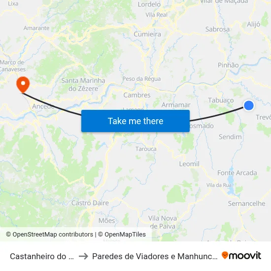Castanheiro do Sul to Paredes de Viadores e Manhuncelos map
