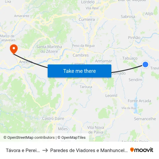 Távora e Pereiro to Paredes de Viadores e Manhuncelos map