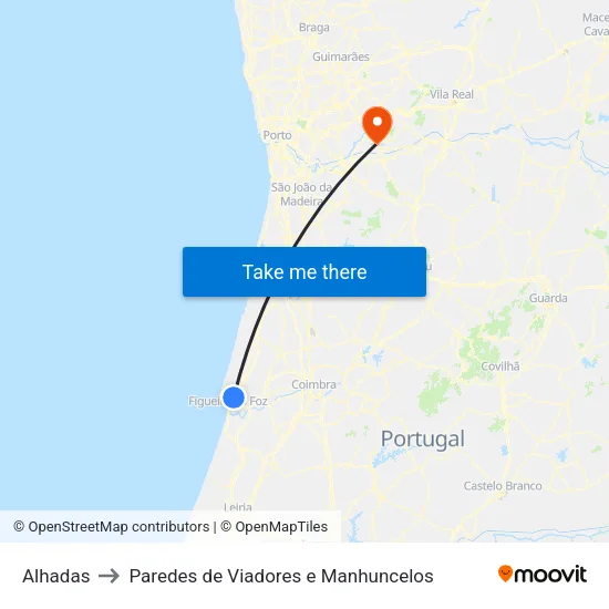 Alhadas to Paredes de Viadores e Manhuncelos map