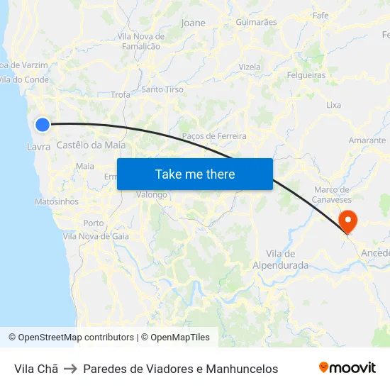 Vila Chã to Paredes de Viadores e Manhuncelos map