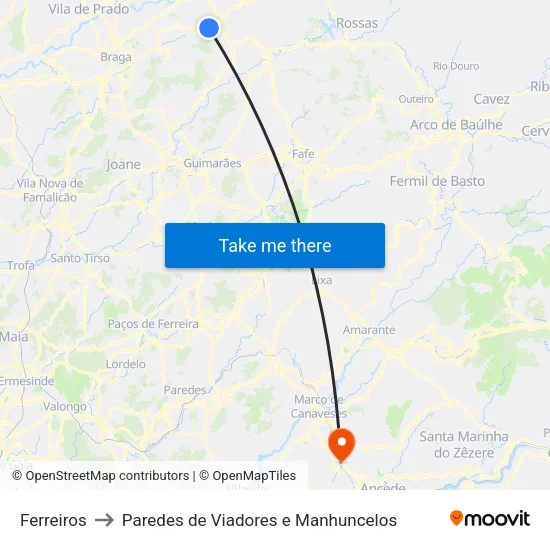 Ferreiros to Paredes de Viadores e Manhuncelos map