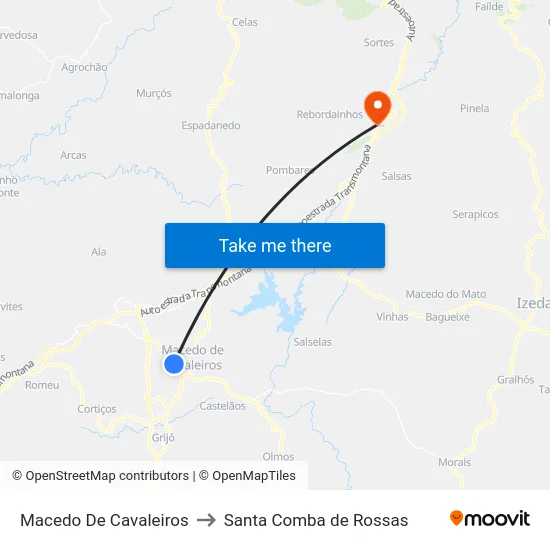 Macedo De Cavaleiros to Santa Comba de Rossas map