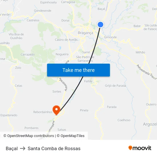 Baçal to Santa Comba de Rossas map