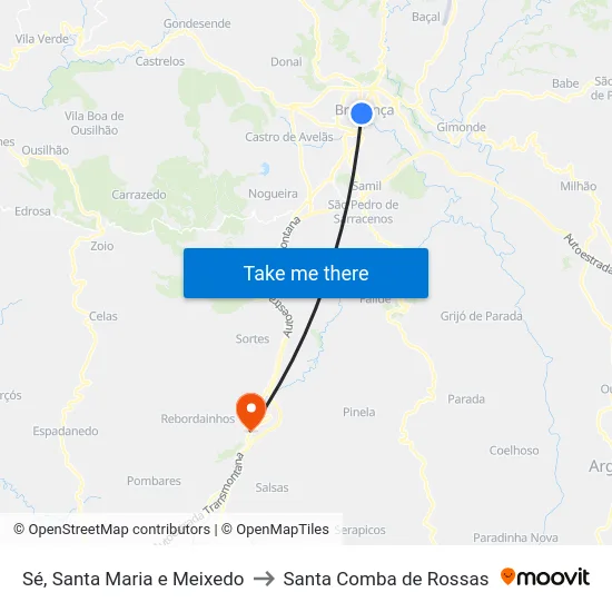 Sé, Santa Maria e Meixedo to Santa Comba de Rossas map