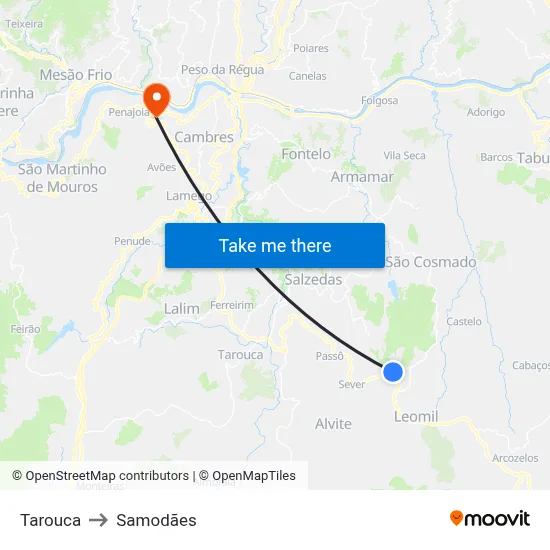 Tarouca to Samodães map