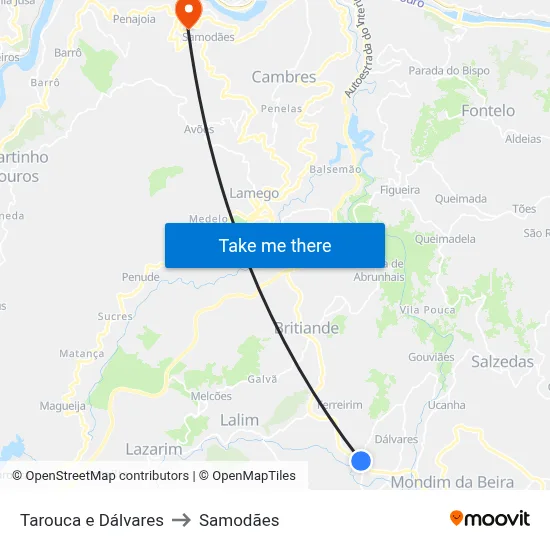 Tarouca e Dálvares to Samodães map