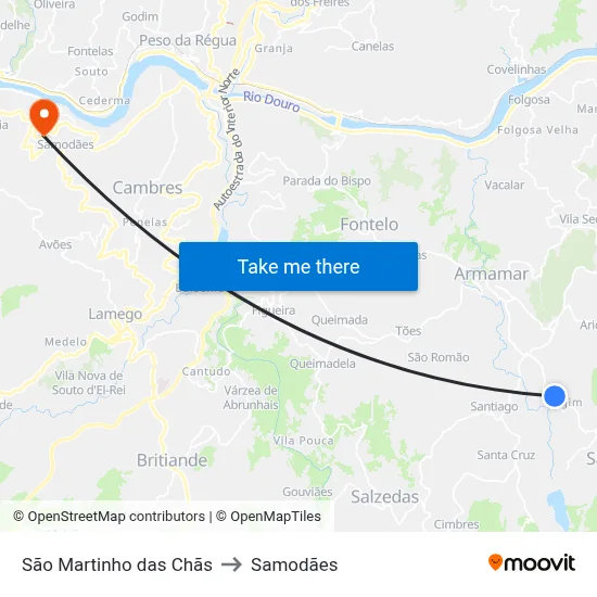 São Martinho das Chãs to Samodães map