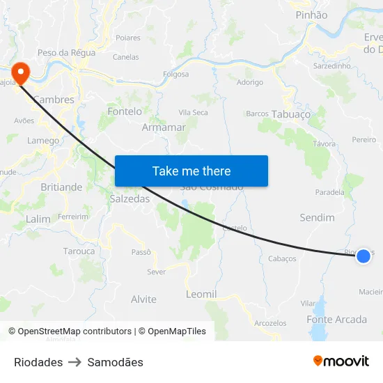 Riodades to Samodães map