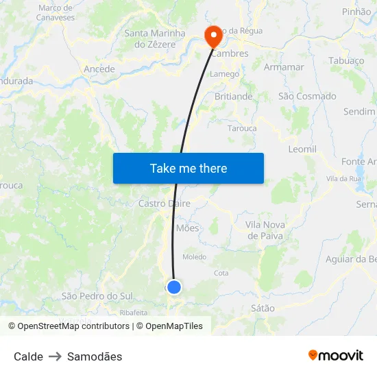 Calde to Samodães map
