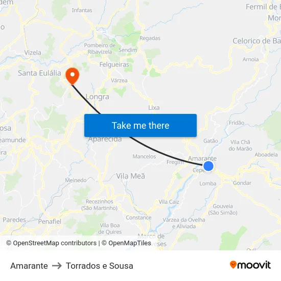 Amarante to Torrados e Sousa map