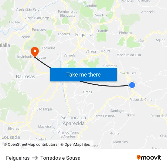 Felgueiras to Torrados e Sousa map