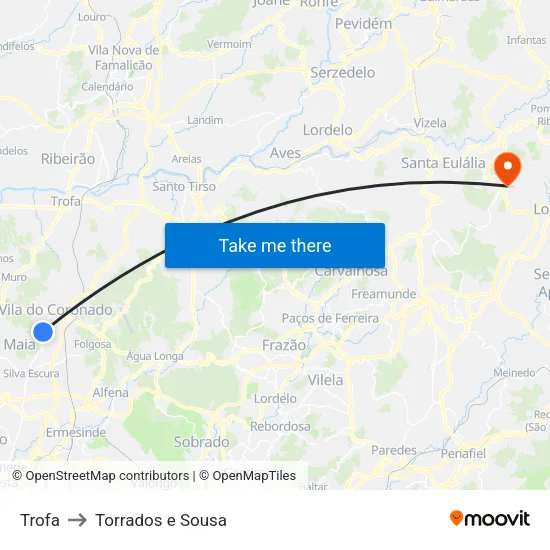 Trofa to Torrados e Sousa map