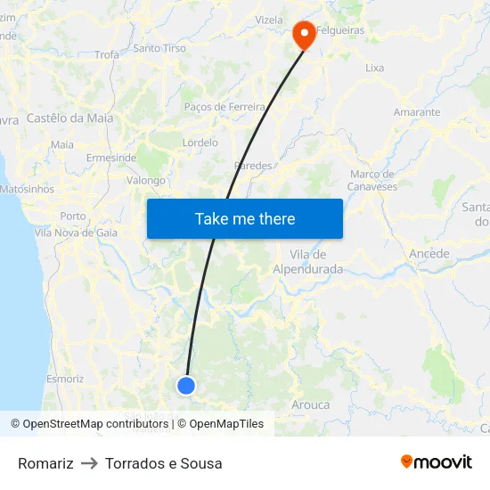 Romariz to Torrados e Sousa map