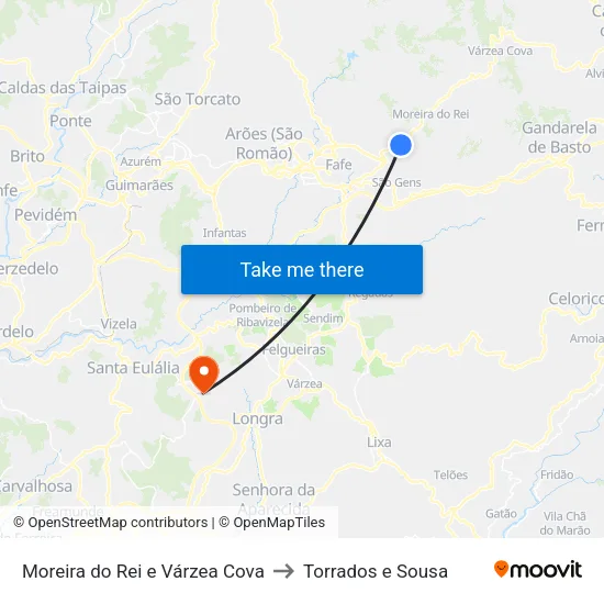 Moreira do Rei e Várzea Cova to Torrados e Sousa map