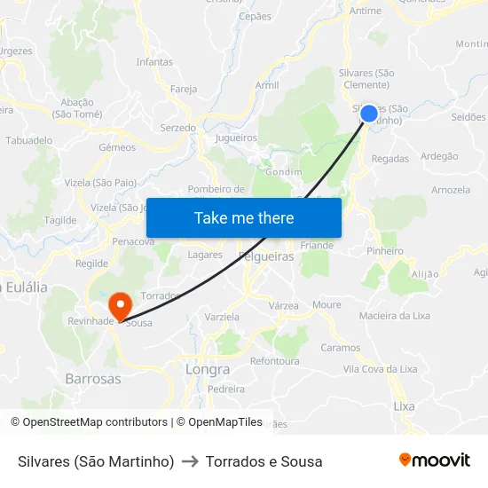 Silvares (São Martinho) to Torrados e Sousa map