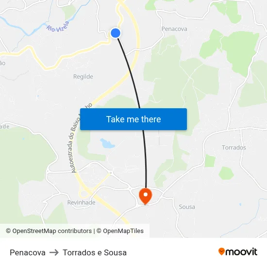 Penacova to Torrados e Sousa map