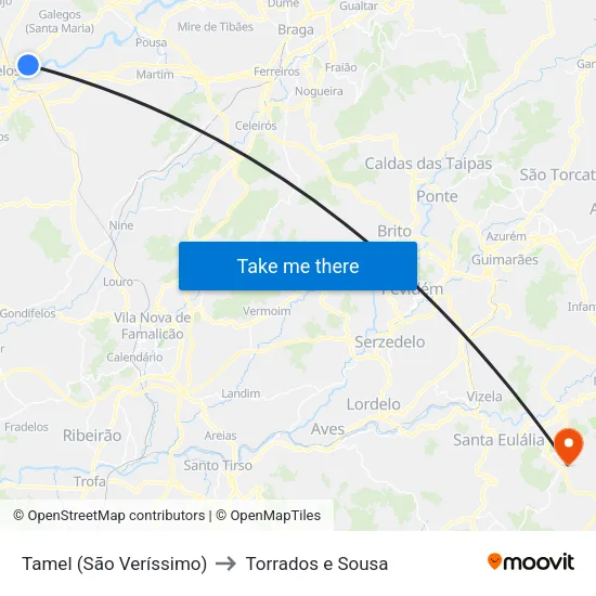 Tamel (São Veríssimo) to Torrados e Sousa map