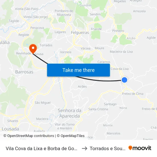 Vila Cova da Lixa e Borba de Godim to Torrados e Sousa map