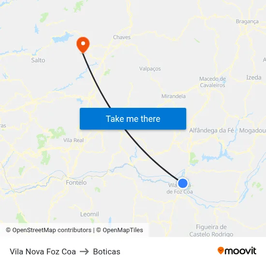 Vila Nova Foz Coa to Boticas map