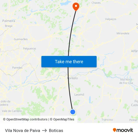Vila Nova de Paiva to Boticas map