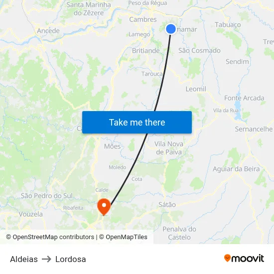 Aldeias to Lordosa map