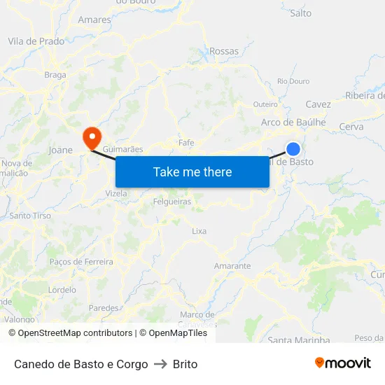 Canedo de Basto e Corgo to Brito map