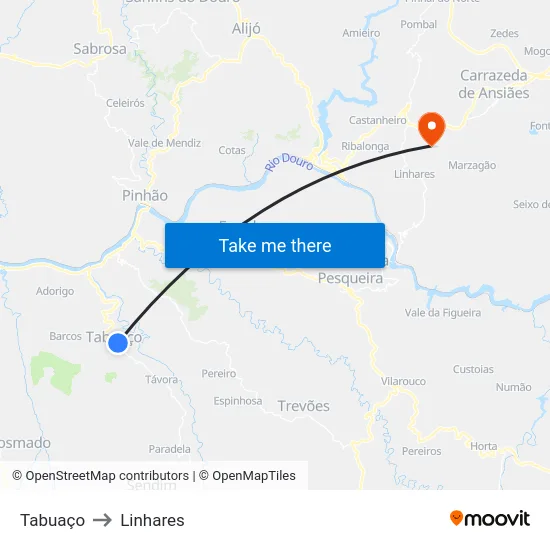 Tabuaço to Linhares map