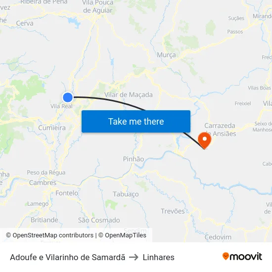 Adoufe e Vilarinho de Samardã to Linhares map