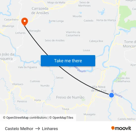 Castelo Melhor to Linhares map