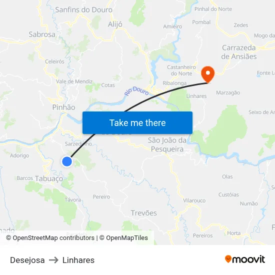 Desejosa to Linhares map