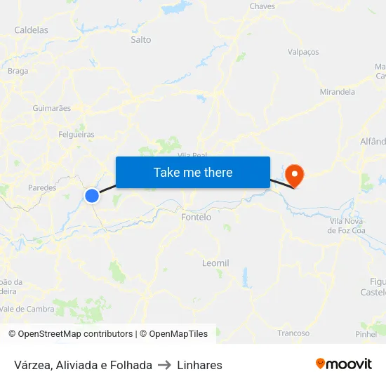 Várzea, Aliviada e Folhada to Linhares map