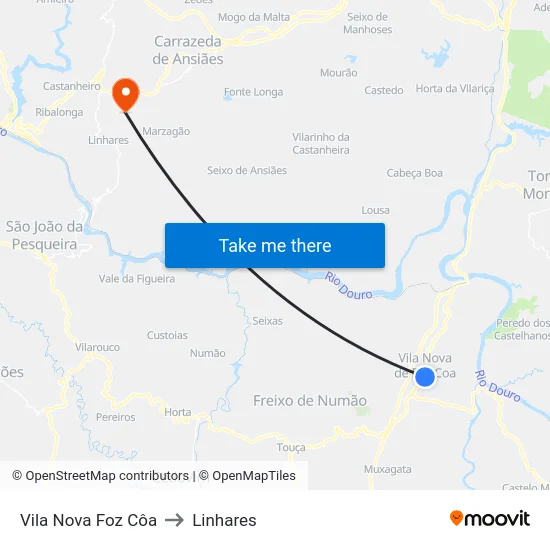 Vila Nova Foz Côa to Linhares map