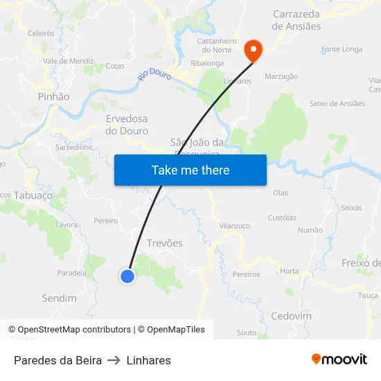 Paredes da Beira to Linhares map