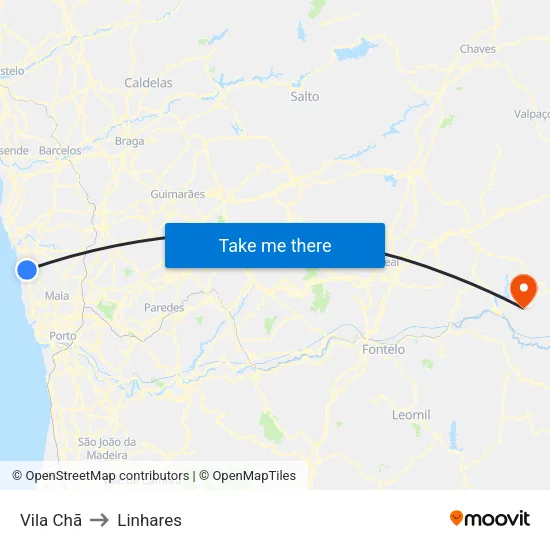 Vila Chã to Linhares map