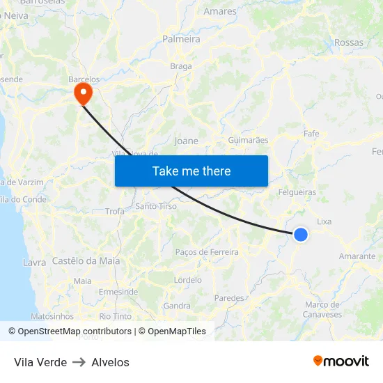 Vila Verde to Alvelos map